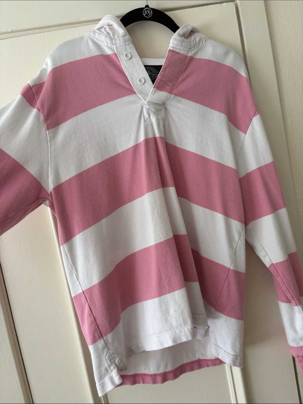 100% cotton rugby shirt hoodie pink & white stripes